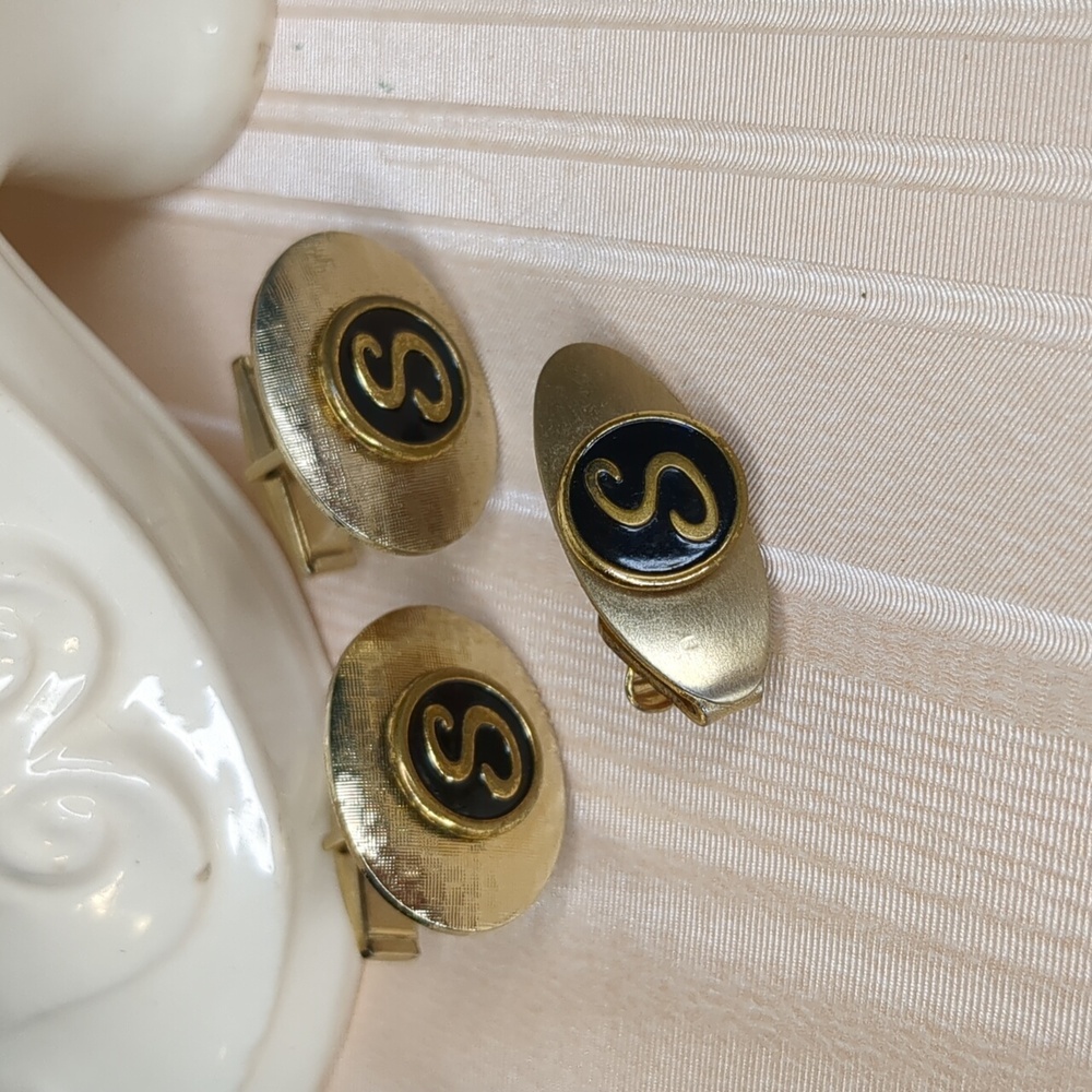 Vintage Swank Men's Cuff Links Tie Clip Bolo Slide Set Letter K Monogram - Picture 4 of 6